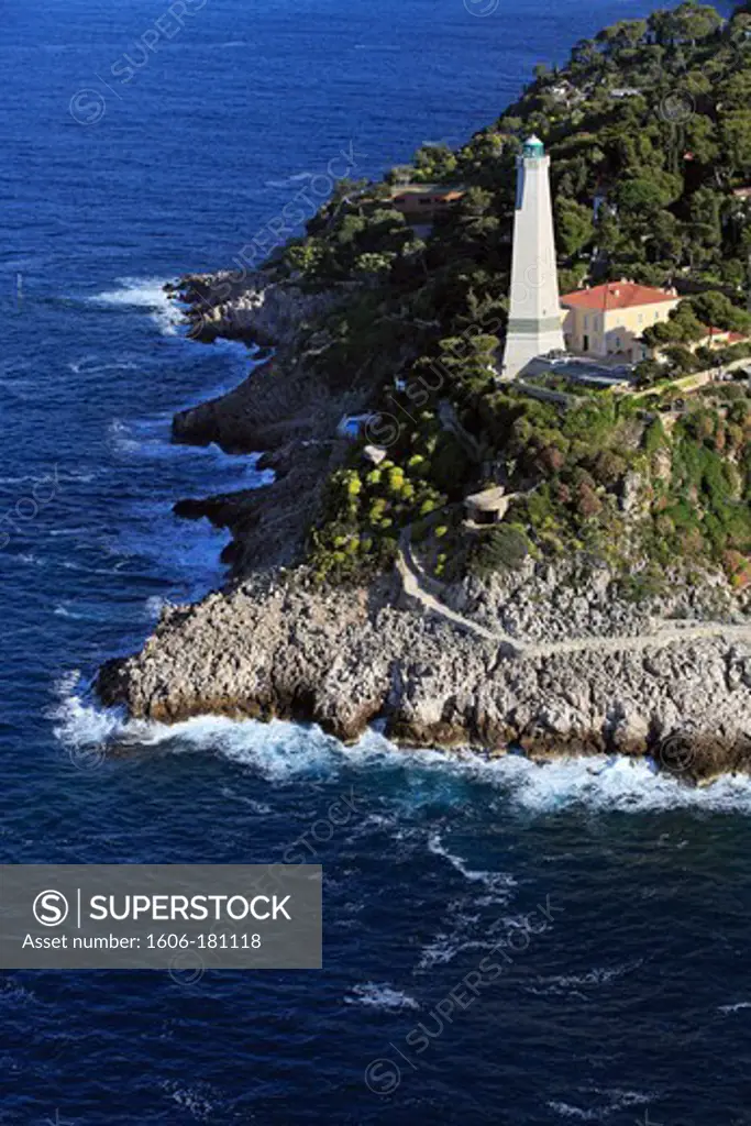 France, Alpes-Maritime (06), Saint-Jean-Cap-Ferrat, the lighthouse on the cape (aerial photo),