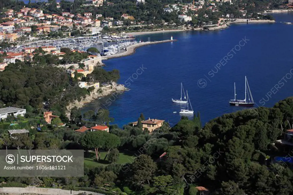 France, Provence-Alpes-Cote d'Azur (06), Saint-Jean-Cap-Ferrat located on the peninsula of Cap Ferrat, the harbor and the bay, (aerial photo),