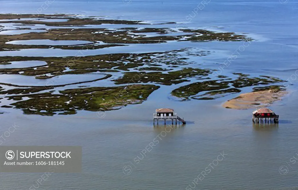 France, Aquitaine (33), Arcachon, the island with birds and huts tchanqués, (aerial photo),