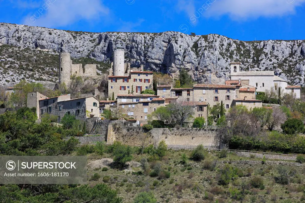 France, Var (83), labeled Village Bargème The Most Beautiful Villages of France, overlooking the village, the remains of the medieval castle of the twelfth century