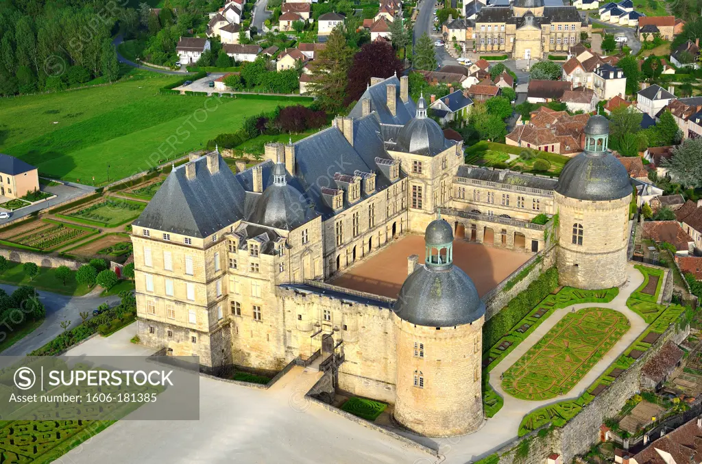 France,  Aquitaine, Dordogne, Perigord Noir, Hautefort, the castle, aerial view