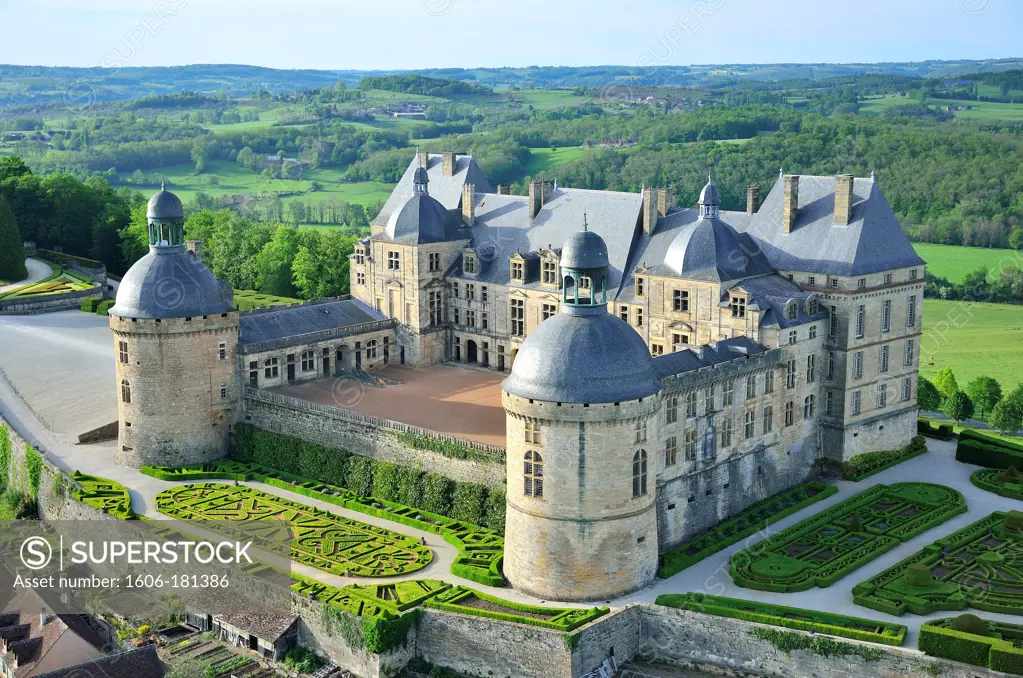 France,  Aquitaine, Dordogne, Perigord Noir, Hautefort, the castle, aerial view