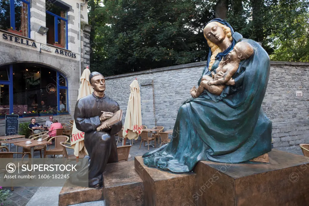 Belgium,Tournai,Statue Dedicated to the Artist Rogier de le Pasture aka Roger van der Weyden showing him Painting the Virgin Mary and Child Jesus