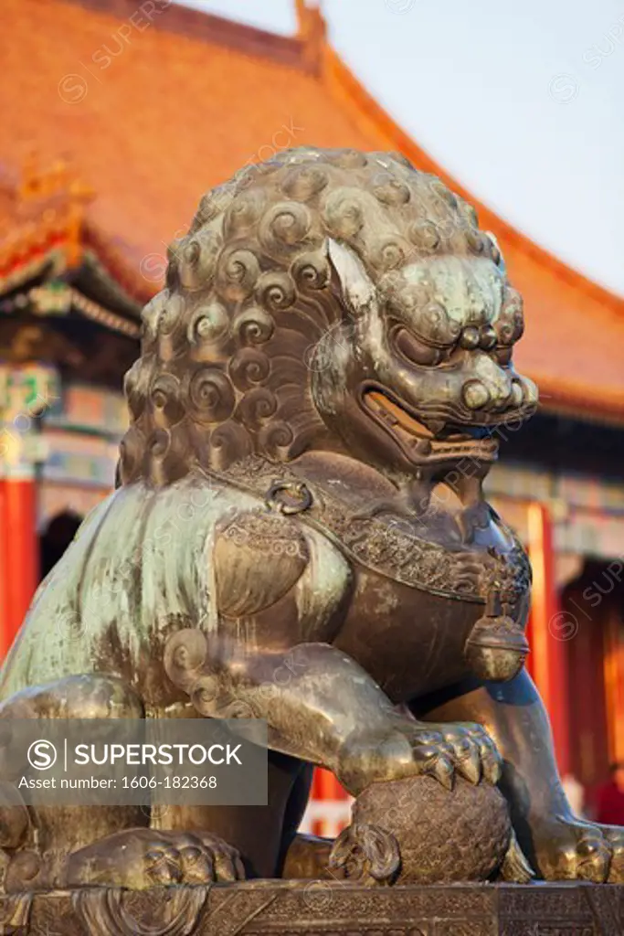 China,Beijing,Palace Museum or Forbidden City,Bronze Lion Statue in Front of the Gate of Supreme Harmony