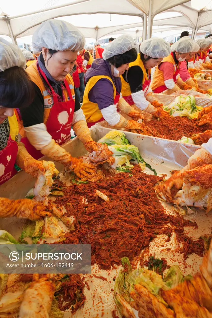 Korea,Seoul,Women Making Kimchi