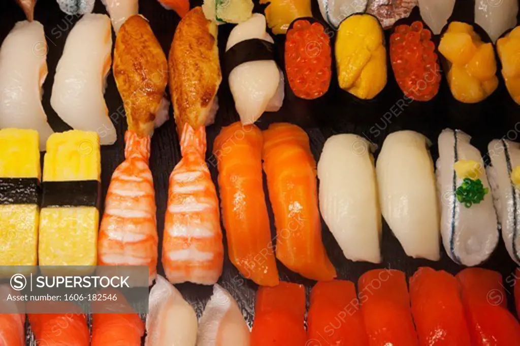 Japan,Tokyo,Restaurant Window Display of Plastic Sushi