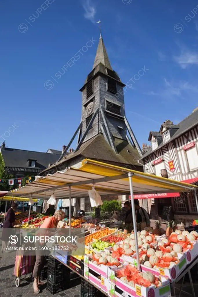 France,Normandy,Honfleur,Bell Tower of Saint Catherines Church and Market Scene