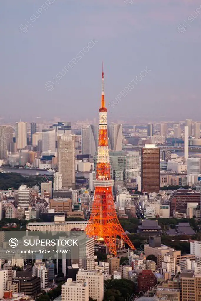 Japan,Tokyo,Roppongi,View of Tokyo Tower and City Skyline from Tokyo City View Tower