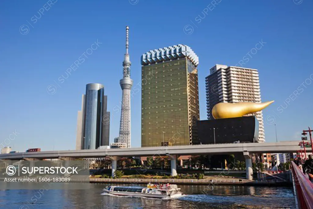 Japan,Tokyo,Asakusa,Sumida River and Business Area Skyline