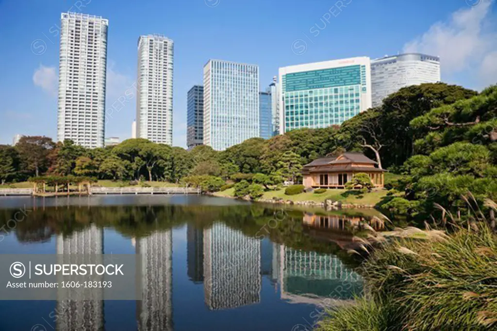Japan,Tokyo,Hama Rikyu Japanese Garden and Shiodome Area Skyline