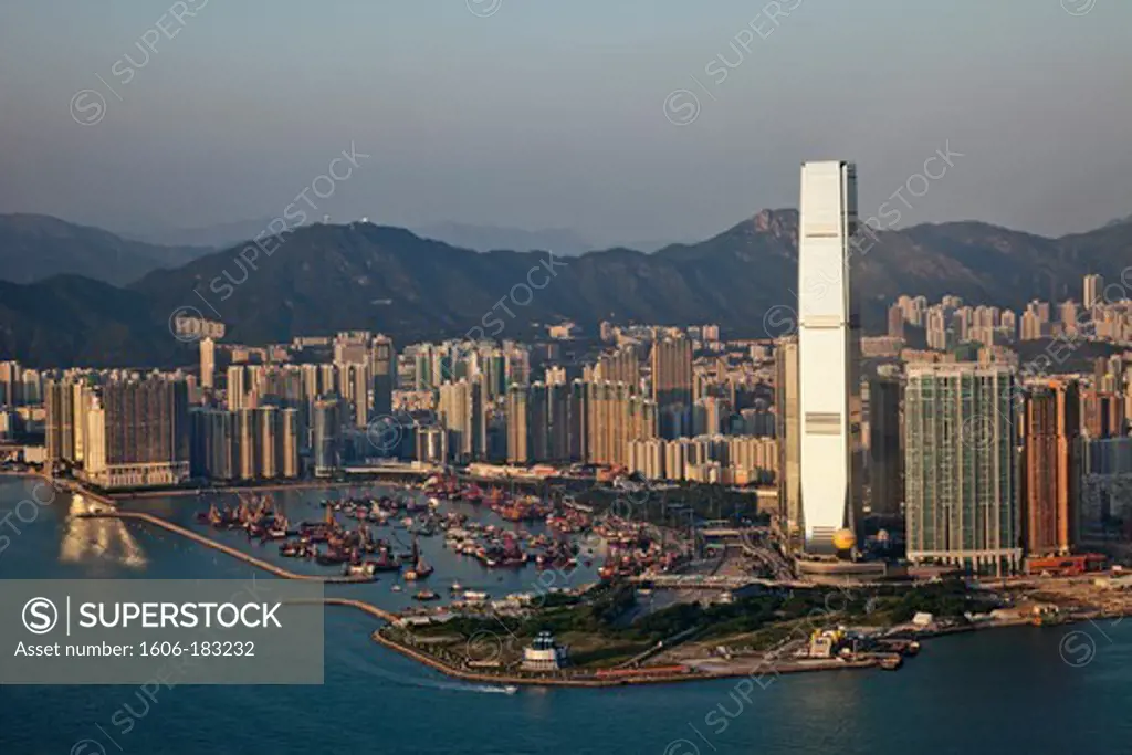 China,Hong Kong,View from Victoria Peak,West Kowloon Skyline and International Commerce Centre Building (ICC)