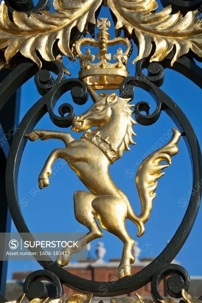 England,London,Kensington,Kensington Palace,Detail of Unicorn on Palace Gate