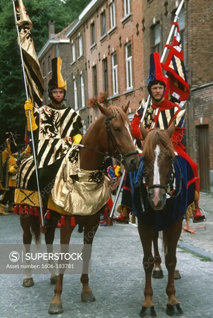 Belgium, Bruges, Pageant of the Golden Tree, festival, people on horseback,