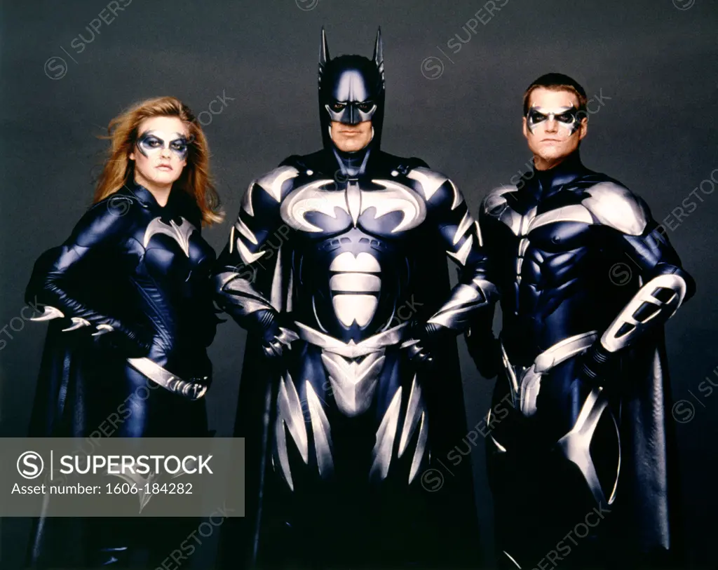 Alicia Silverstone, George Clooney and Chris O'Donnell , Batman & Robin , 1997 directed by Joel Schumacher (Warner Bros. Pictures)