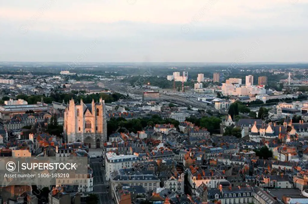 Aerial view of Nantes city at sunset, France