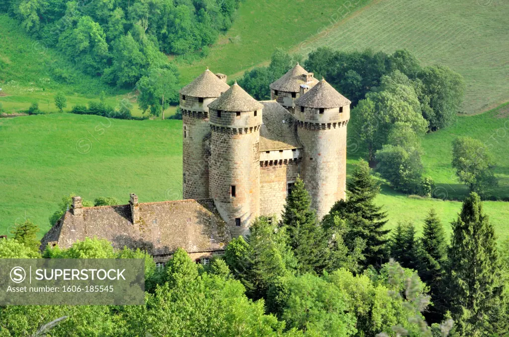 France, Auvergne, Cantal, Tournemire, Castle of Anjony and his round towers of the XVth century, regional Natural reserve of the Volcanoes of Auvergne, certified one of the most beautiful Villages of France, aerial view