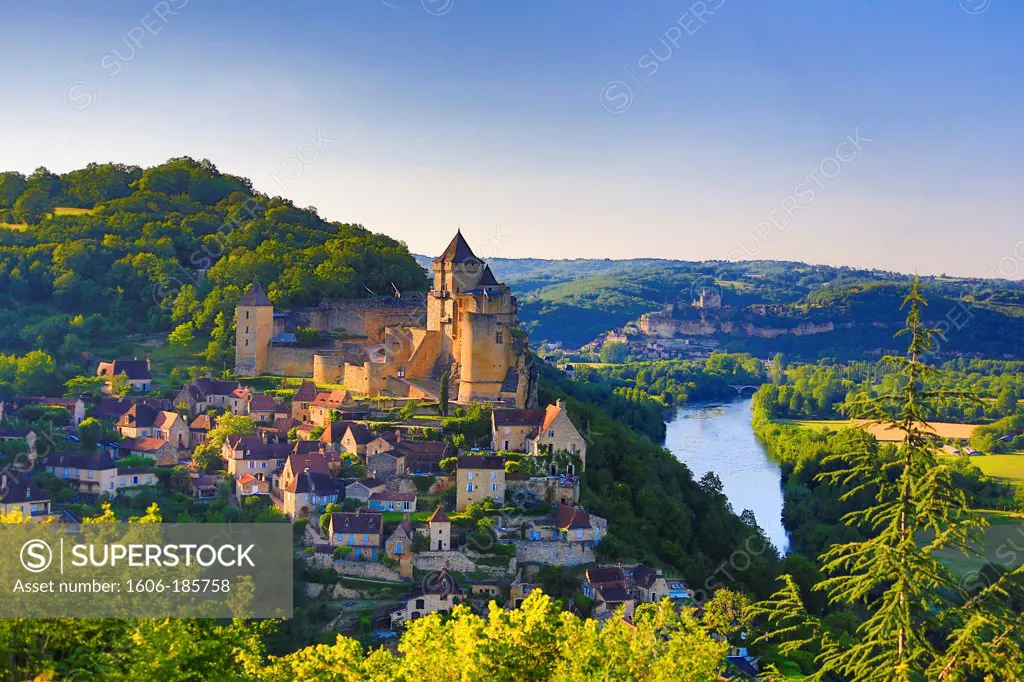 France , Dordogne Region ,Castelnaud City ,Milandes Castle , Dordogne  river, Beynac City at background