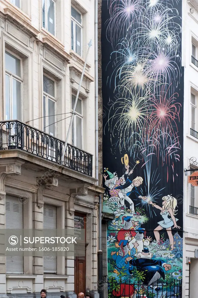 Belgium - Brussels - Street of the Oak - Mural of Olivier Rameau and Colombe Tiredaile, heroes of Dany's comic strips (draftsman) and Greg (scriptwriter)