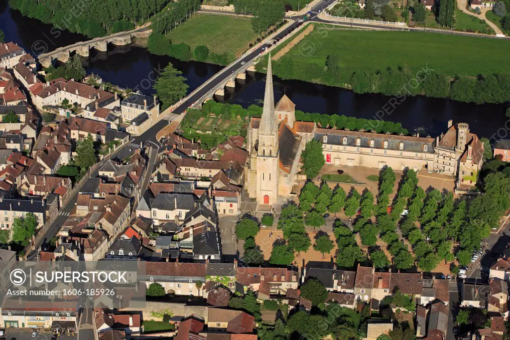 France, Vienna (86), Saint-Savin, a village famous for its Abbey of Saint-Savin sur Gartempe, World Heritage of Unesco, a bridge crosses the eleventh century Gartempe (aerial photo),