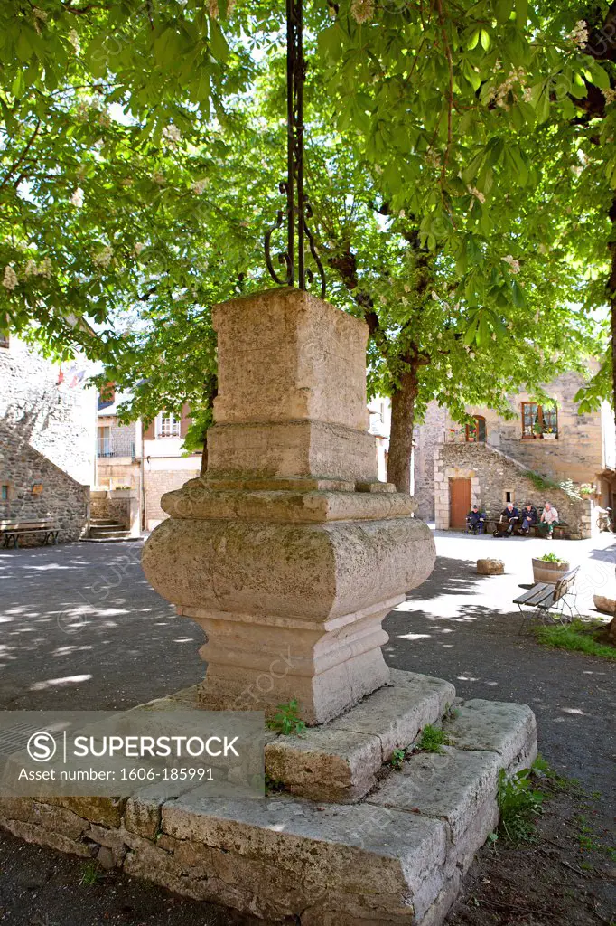 France, Aveyron (12), Saint-Eulalie d'Olt, town labeled most beautiful villages in France, the church square,
