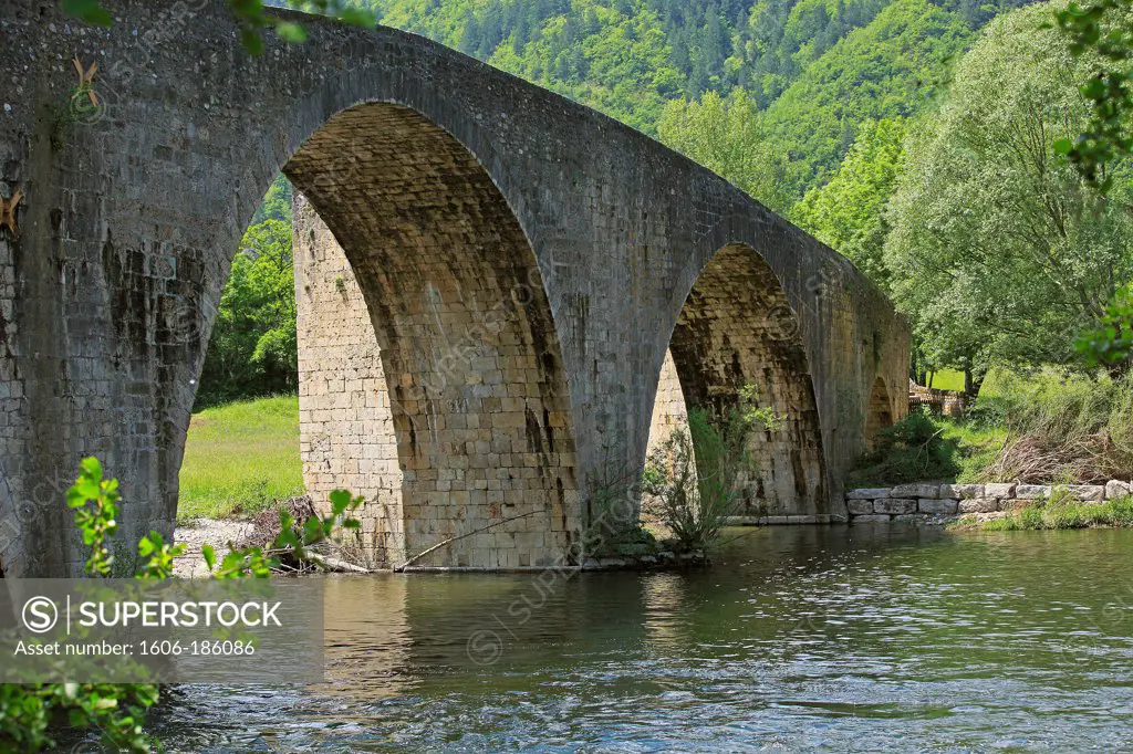 France, Lozère (48) Bridge Quezac, listed building, it crosses the river Tarn,