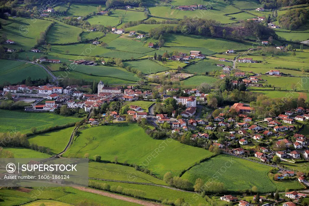 France, Pyrenees-Atlantiques (64), Sare Basque village, labeled the most beautiful villages in France, aerial photo of the village