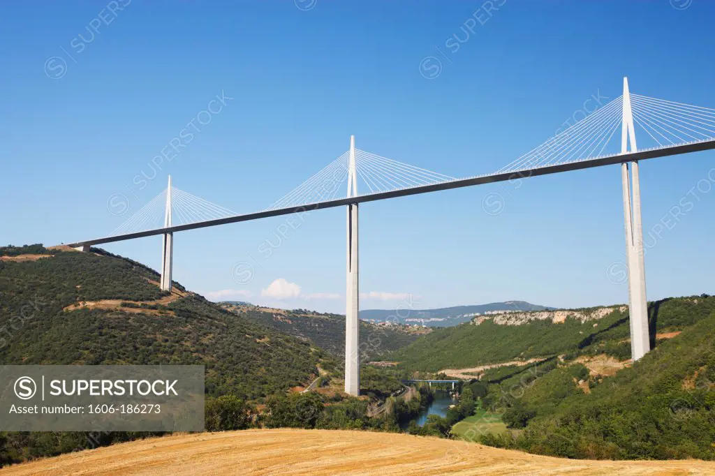 Panoramic of the Millau Viaduct crossing the Tarn valley in the Aveyron Department of southern France