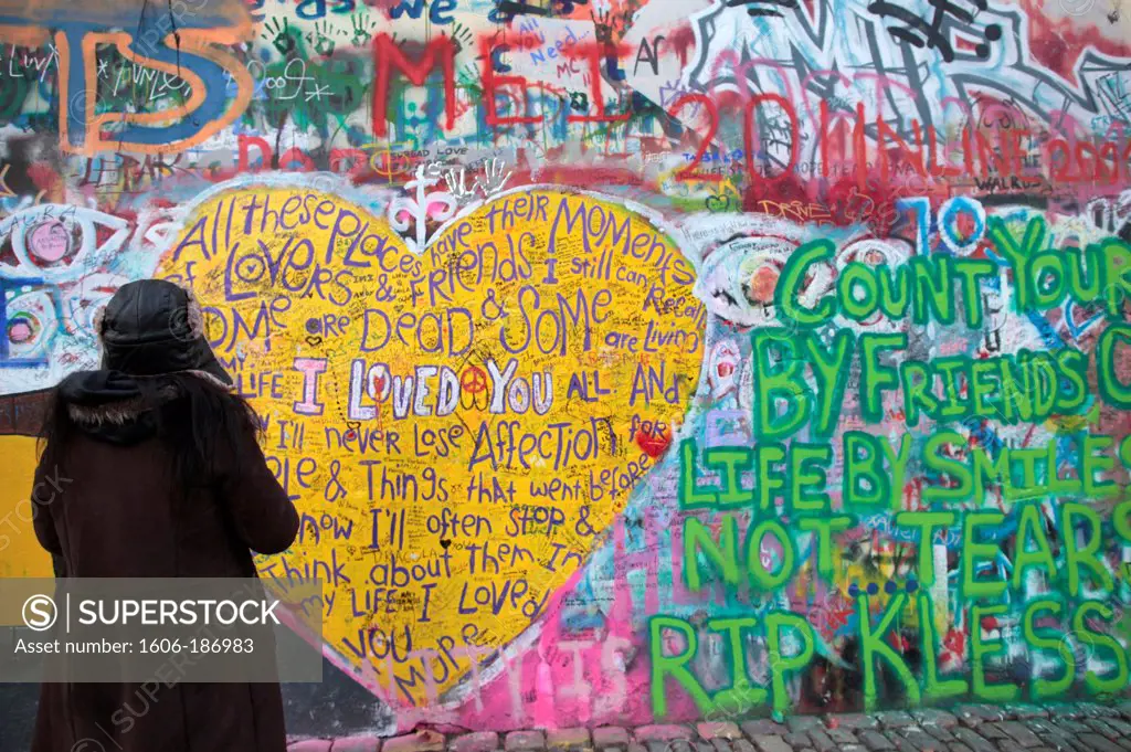 Graffiti dedicated to John Lennon on Lennon Wall in Prague. Praha. Czech Republic.