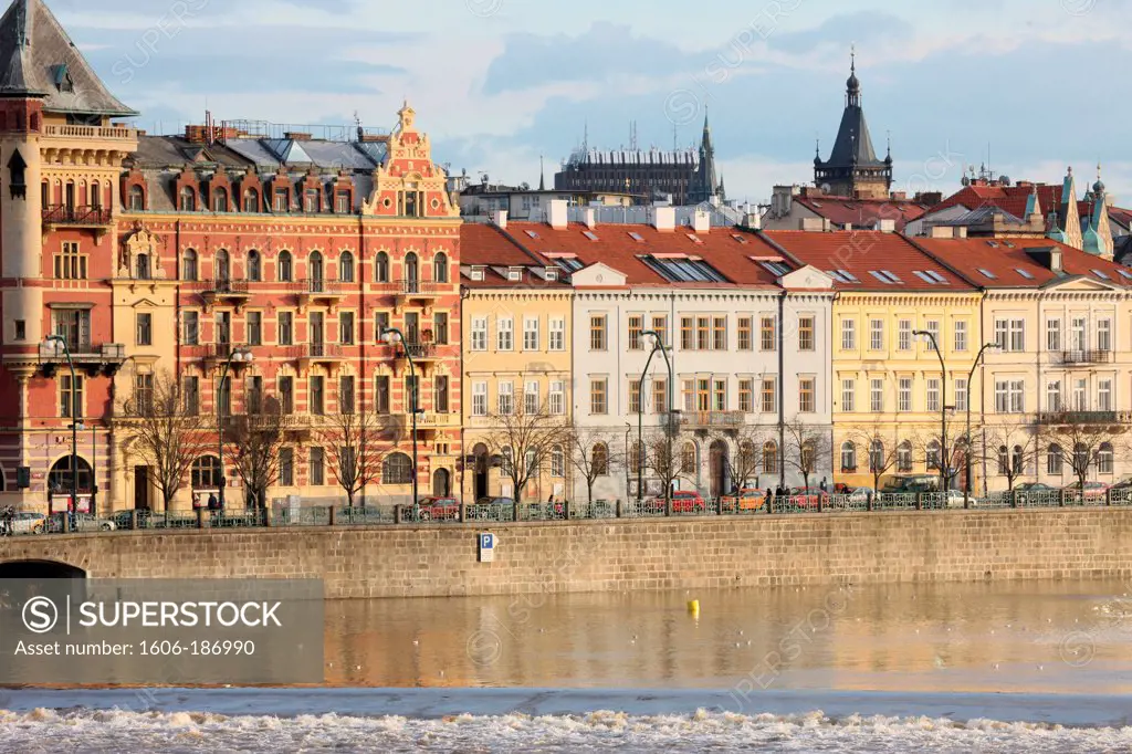 Across the river Vltava and the colourful baroque houses. Praha. Czech Republic.