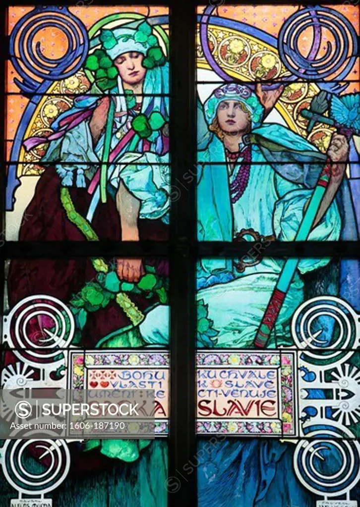 St. Vitu'ss Cathedral. Stained Glass of St. Cyril and Methodius by Alfons Mucha. Praha. Czech Republic.