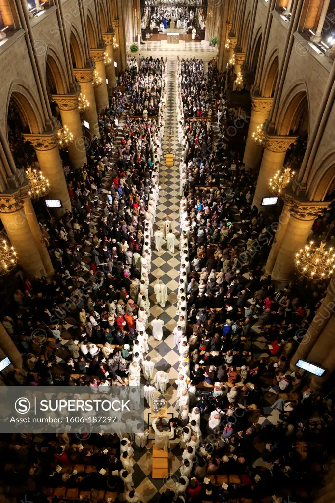 Chrism mass (Easter wednesday) in Notre Dame Cathedral, Paris Paris . France.