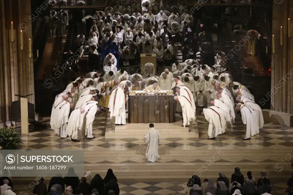 Chrism mass (Easter wednesday) in Notre Dame Cathedral, Paris. Eucharist. Paris . France.