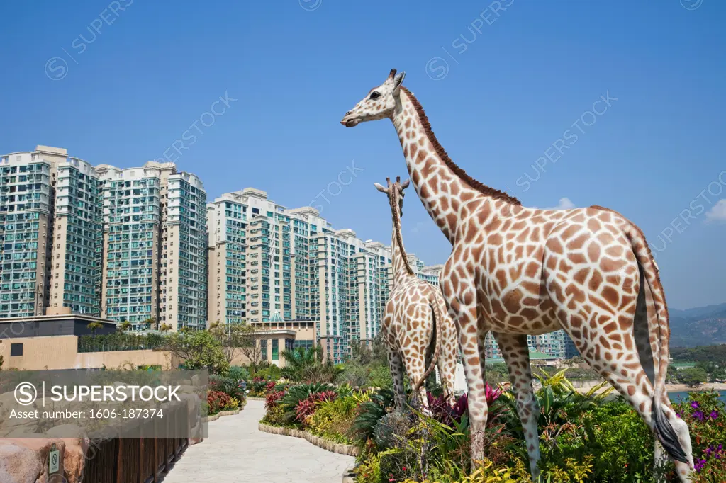 China,Hong Kong,Park Island,Life Size Giraffe Sculptures at Noah's Ark with High Rise Apartments in Background