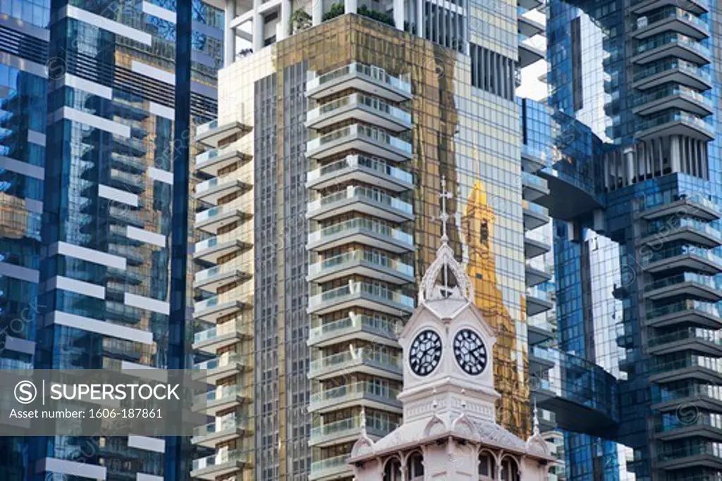 Singapore,Lau Pa Sat Festival Market Clock Tower and Modern Buildings