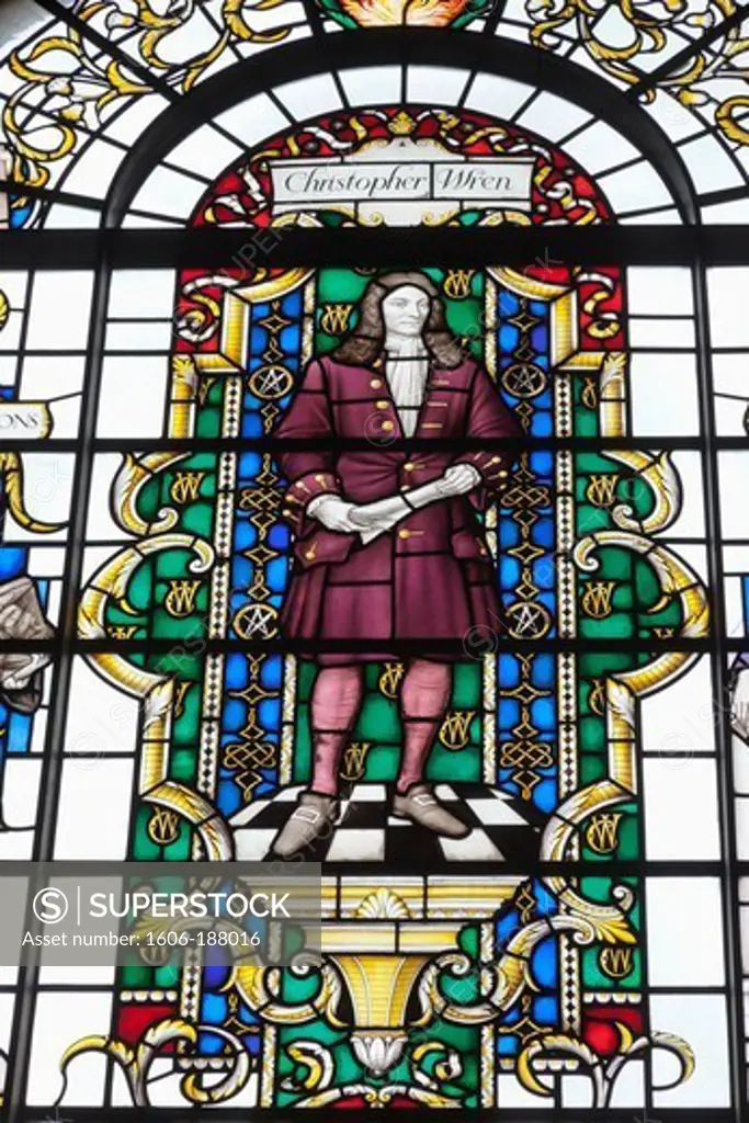 England,London,The City,St.Lawrence Jewry Church,Stained Glass Window depicting Christopher Wren