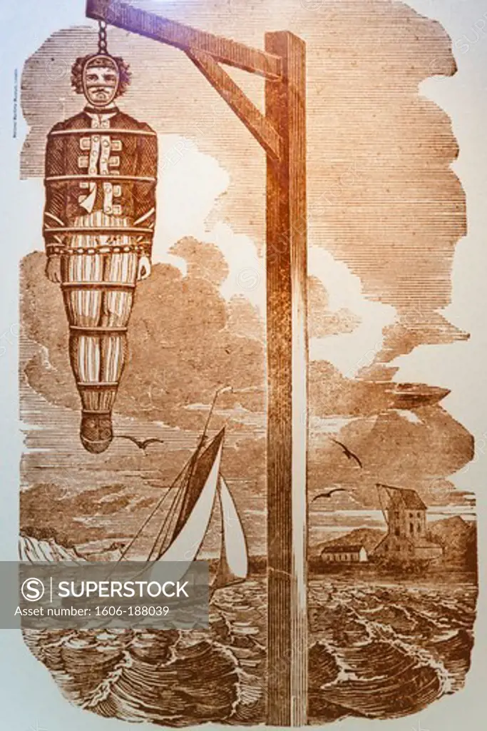 England,London,Docklands,Canary Wharf,Museum of Docklands,Illustration of Prisoner in 18th century Gibbet Cage