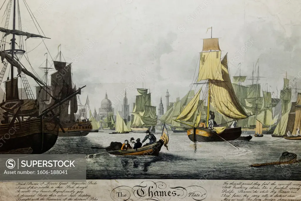 England,London,Docklands,Canary Wharf,Museum of Docklands,Aquatint Print of the Thames dated 1799 by Rudolph Ackermann