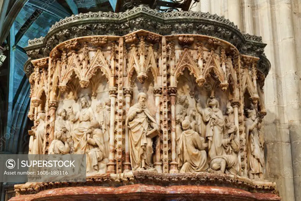 England,Worcestershire,Worcester,Worcester Cathedral,The Ornate Pulpit depicting The Life of Christ