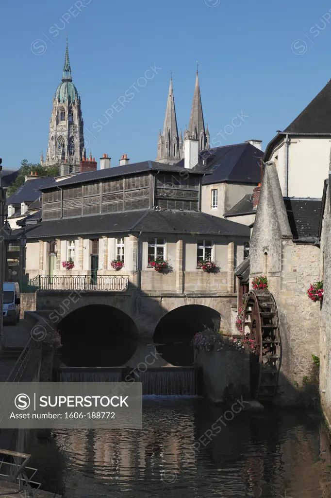 France, Normandy,  Basse-Normandie, Calvados, Bayeux, Notre Dame cathedral and old mill on Aure river