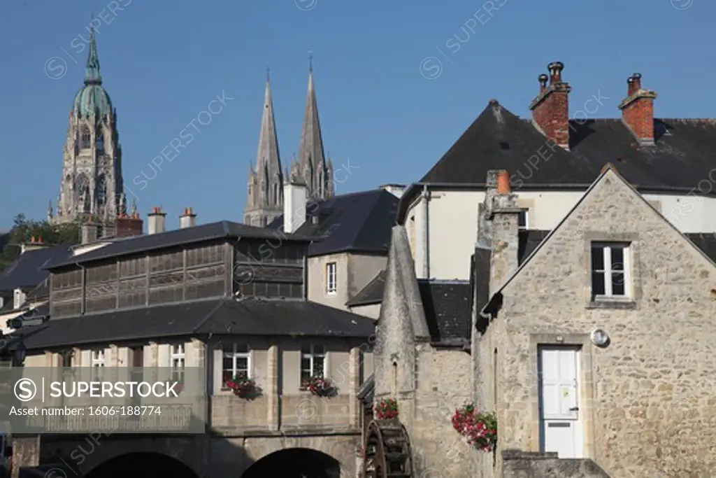 France, Normandy,  Basse-Normandie, Calvados, Bayeux, Notre Dame cathedral and old mill