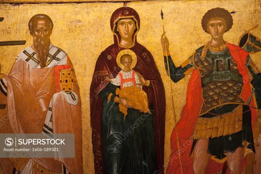 France, Paris, Louvre, Virgin Mary and Baby Jesus Between Saint Cyriaque and Saint Georges, Crete 15th Century