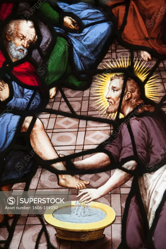 France, Paris, Eglise Saint-Etienne du Mont, Stained Glass Window Depicting Jesus Washing the Feet of his Disciples