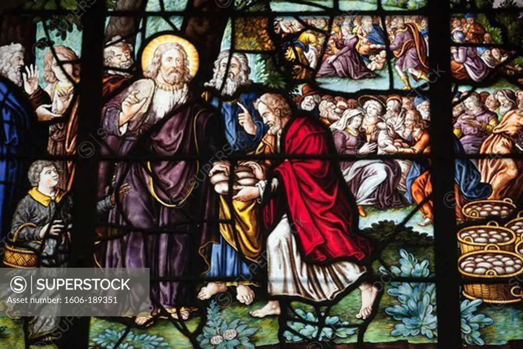 France, Paris, Eglise Saint-Etienne du Mont, Stained Glass Window Depicting The Multiplication of the Loaves
