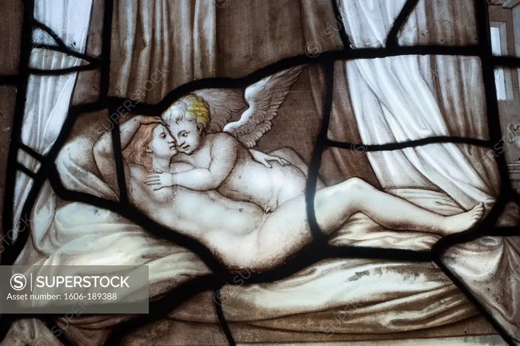 France, Ile-de-France, Chantilly, Chateau de Chantilly, The Psyche Gallery, Stained Glass Window Depicting Psyche and Cupid