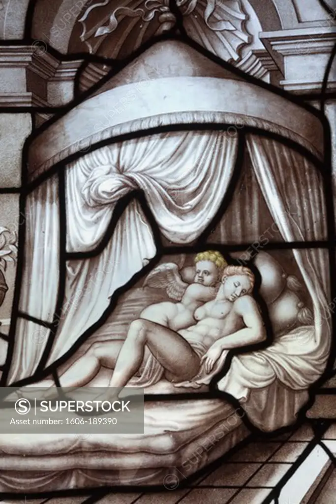 France, Ile-de-France, Chantilly, Chateau de Chantilly, The Psyche Gallery, Stained Glass Window Depicting Psyche and Cupid