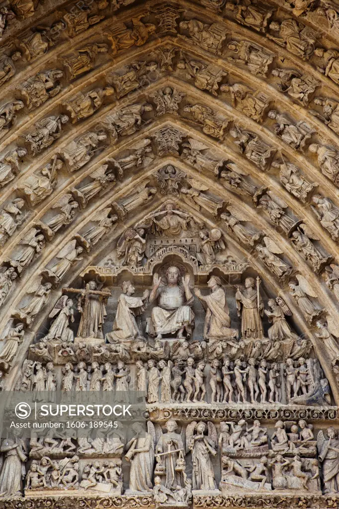 France, Somme, Amiens, Amiens Cathedral, Detail of The Last Judgement Portal