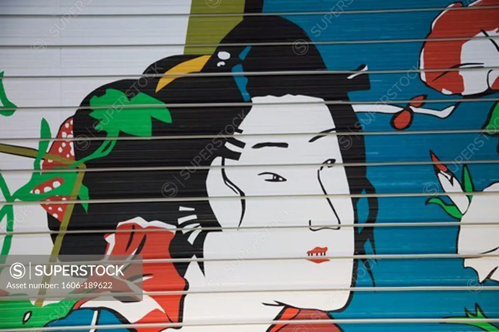 Japan, Tokyo, Asakusa, Ukiyo-e Style Artwork on Shop Shutters