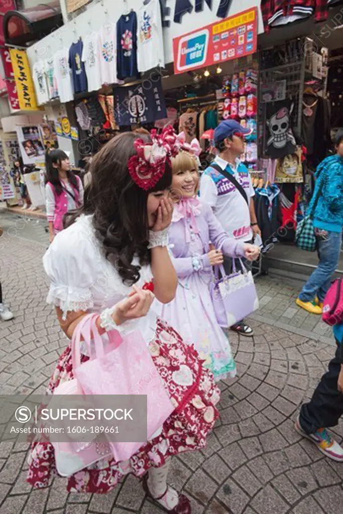 Japan, Tokyo, Harajuku, Takeshita Dori, Girls in Cosplay Costume