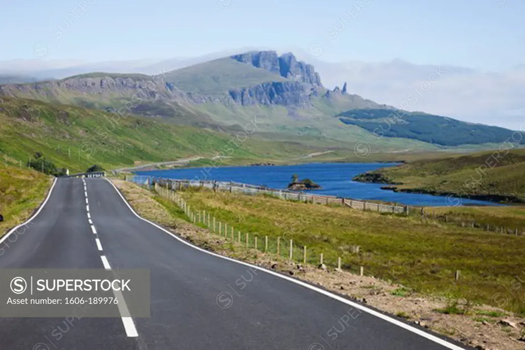 Scotland, Inner Hebrides, Isle of Skye, Road and Old Man of Storr Mountain