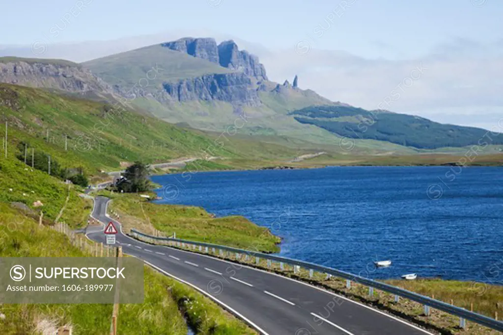 Scotland, Inner Hebrides, Isle of Skye, Road and Old Man of Storr Mountain